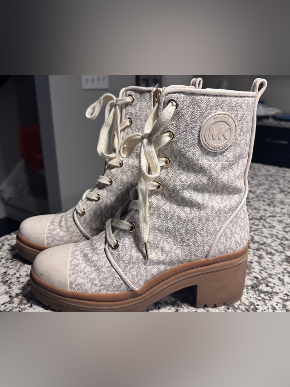 Michael Kors Cream Lace-Up Platform Ankle Boots with Tan Sole